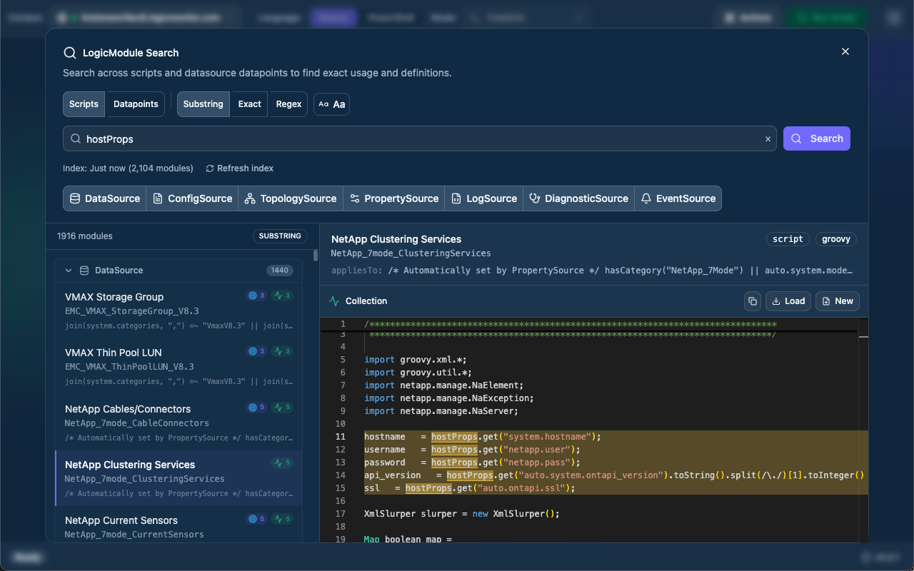 LMDA Composer IDE for Chrome showing LogicModule search and script usage