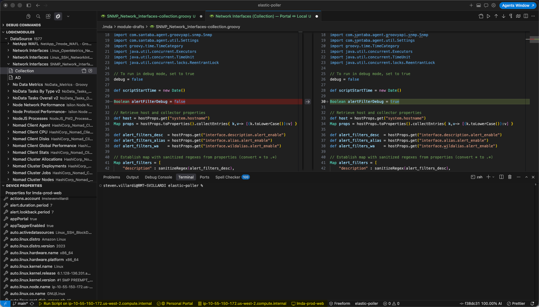 LMDA Composer IDE for VS Code showing a side-by-side LogicModule script comparison